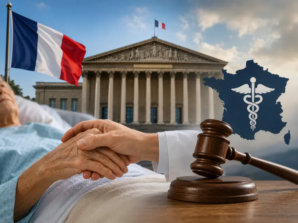 Doctor holding the hand of an elderly patient beside a judge’s gavel, the French flag and the National Assembly building, representing France’s assisted dying law.