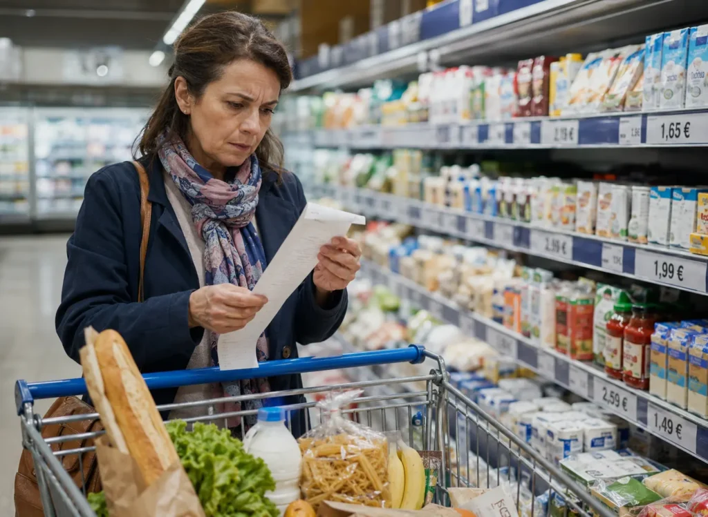 Woman checking a shopping receipt beside a trolley in a French supermarket as food prices and household expenses increase.