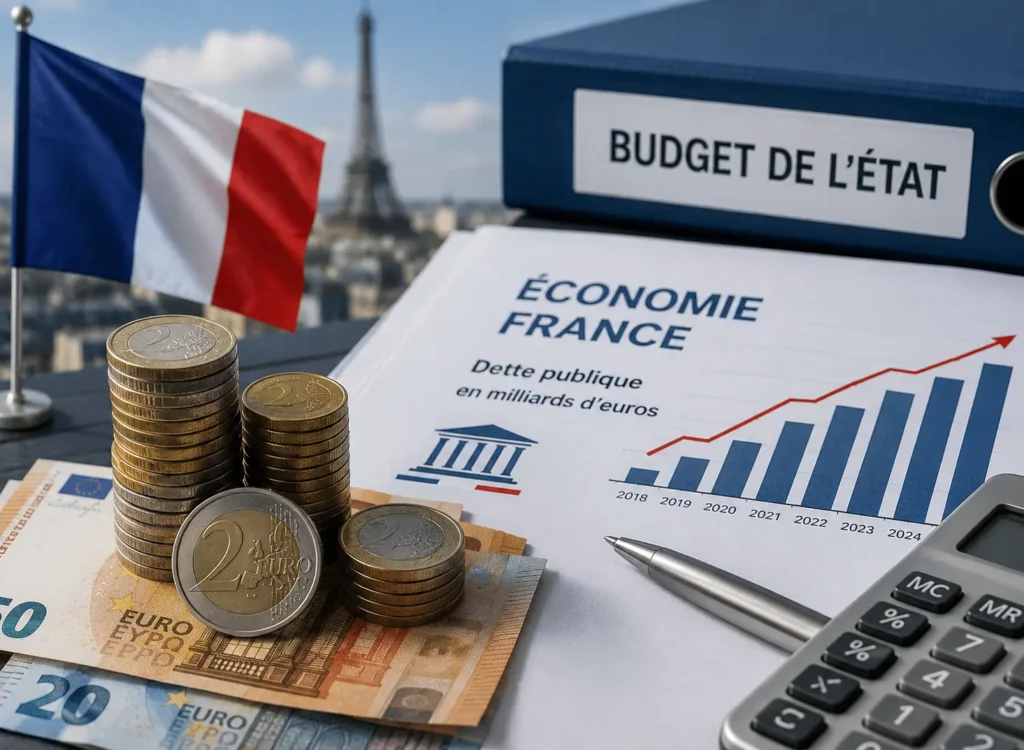 French flag, euro coins, banknotes and a rising public debt chart beside a state budget folder.