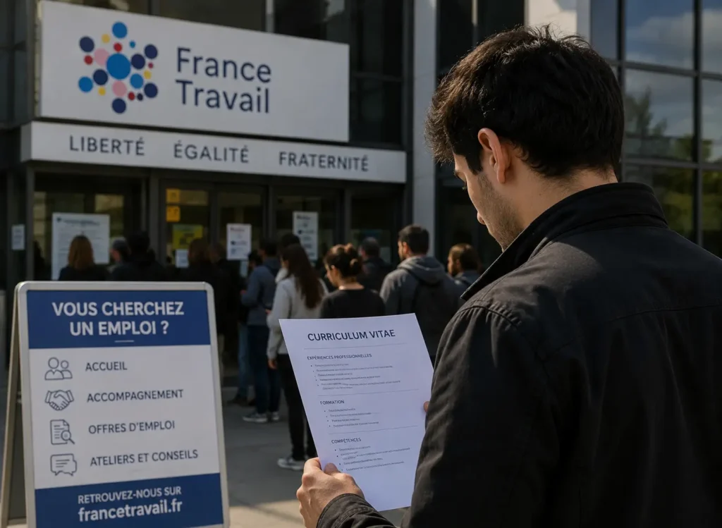 Job seeker holding a CV outside a France Travail office where several people are waiting for employment assistance.