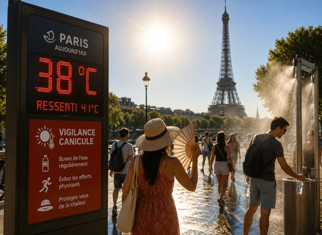 People cooling down near a misting station in Paris during a 38-degree heatwave with the Eiffel Tower in the background.
