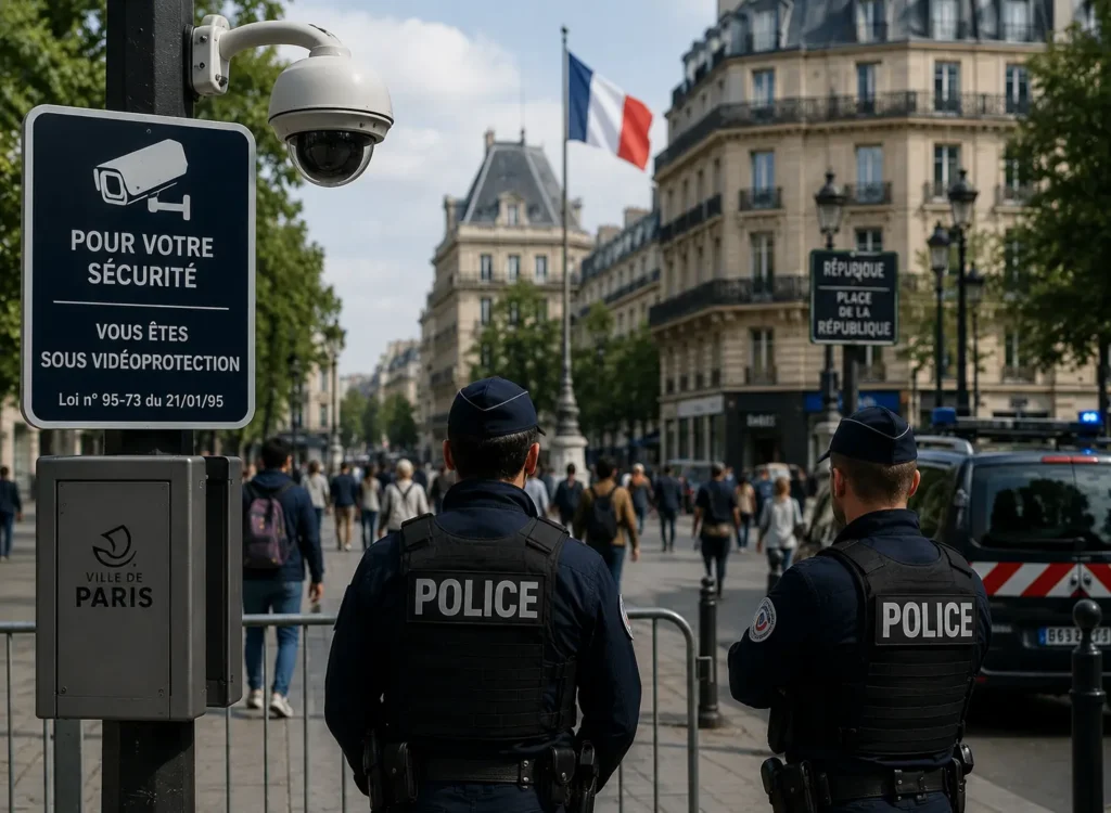 Two police officers standing near a surveillance camera and security barriers on a busy street in Paris.